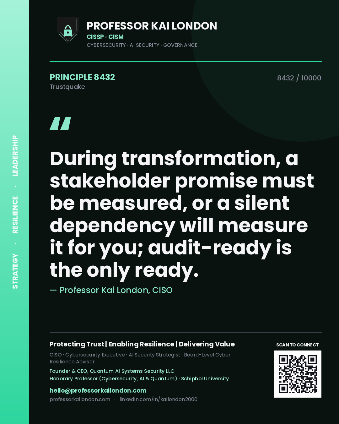 Professor Kai London principle 8432: During transformation, a stakeholder promise must be measured, or a silent dependency will measure it for you; audit-ready is the only ready.