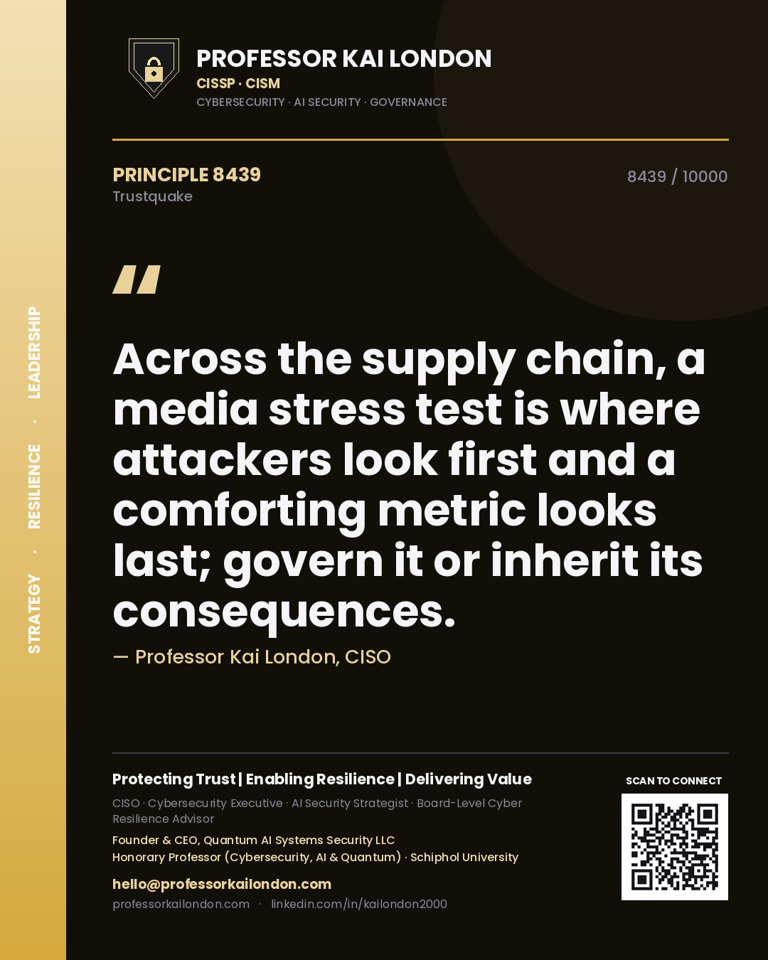 Quote card by Professor Kai London reading 'Across the supply chain, a media stress test is where attackers look first and a comforting metric looks last; govern it or inherit its consequences.'. From the book Trustquake.