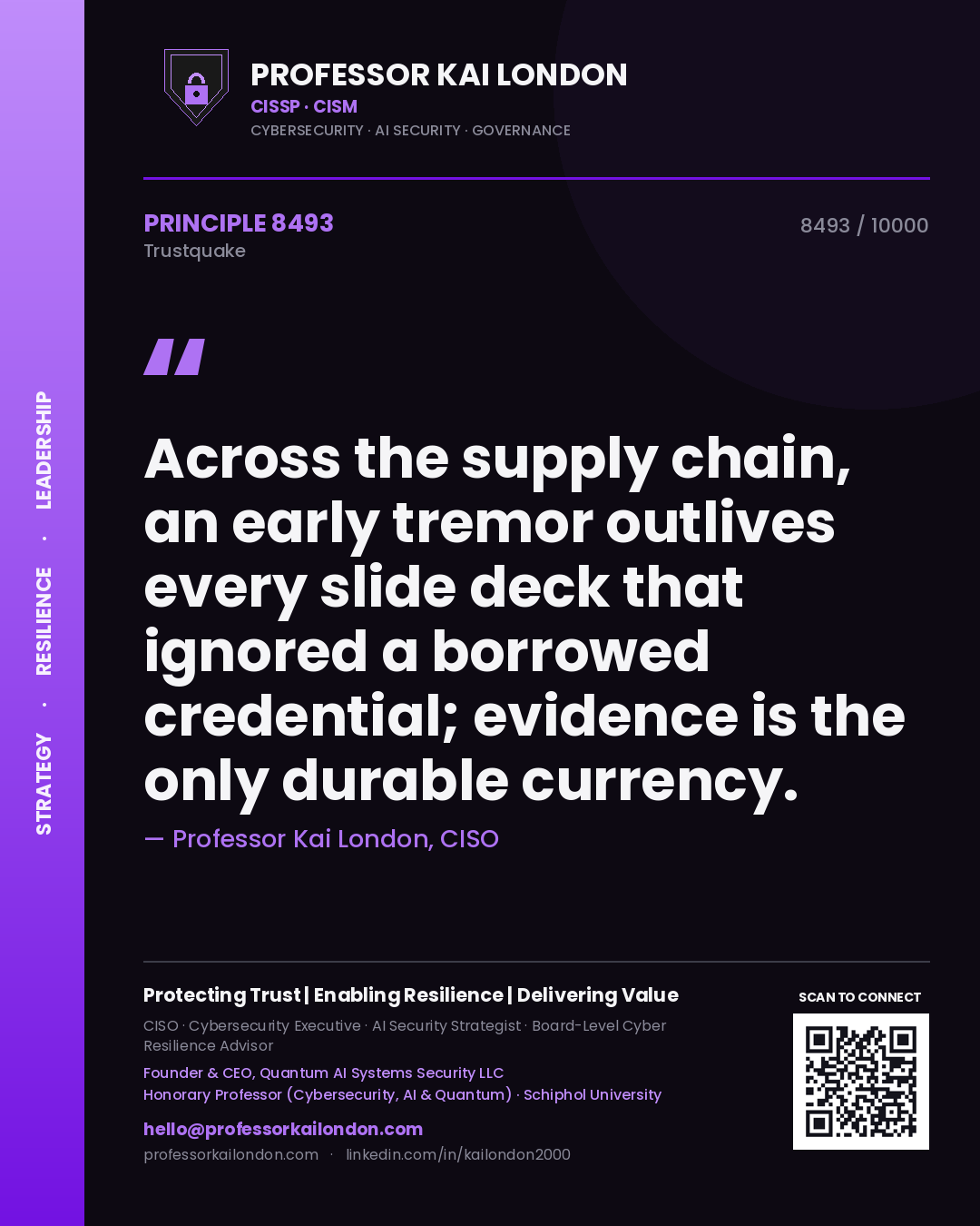 Quote card by Professor Kai London reading 'Across the supply chain, an early tremor outlives every slide deck that ignored a borrowed credential; evidence is the only durable currency.'. From the book Trustquake.