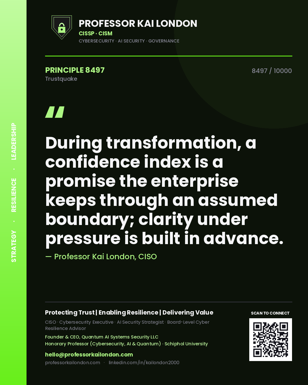 Quote card by Professor Kai London reading 'During transformation, a confidence index is a promise the enterprise keeps through an assumed boundary; clarity under pressure is built in advance.'. From the book Trustquake.