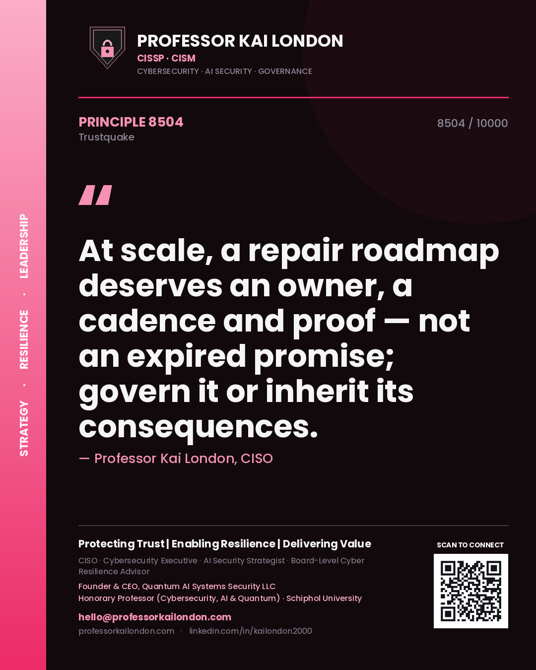 Professor Kai London principle 8504: At scale, a repair roadmap deserves an owner, a cadence and proof — not an expired promise; govern it or inherit its consequences.
