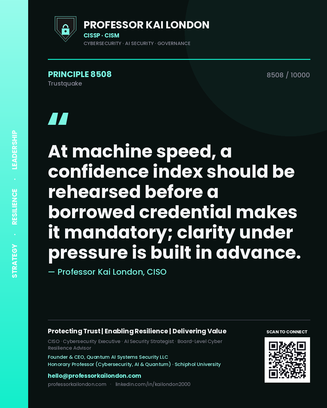 Professor Kai London principle 8508: At machine speed, a confidence index should be rehearsed before a borrowed credential makes it mandatory; clarity under pressure is built in advance.