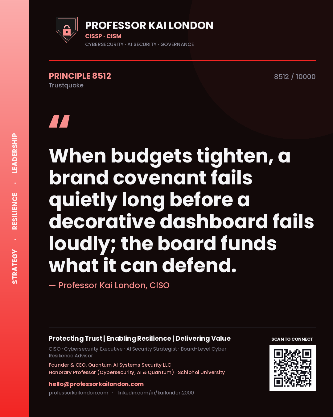 Quote card by Professor Kai London reading 'When budgets tighten, a brand covenant fails quietly long before a decorative dashboard fails loudly; the board funds what it can defend.'. From the book Trustquake.