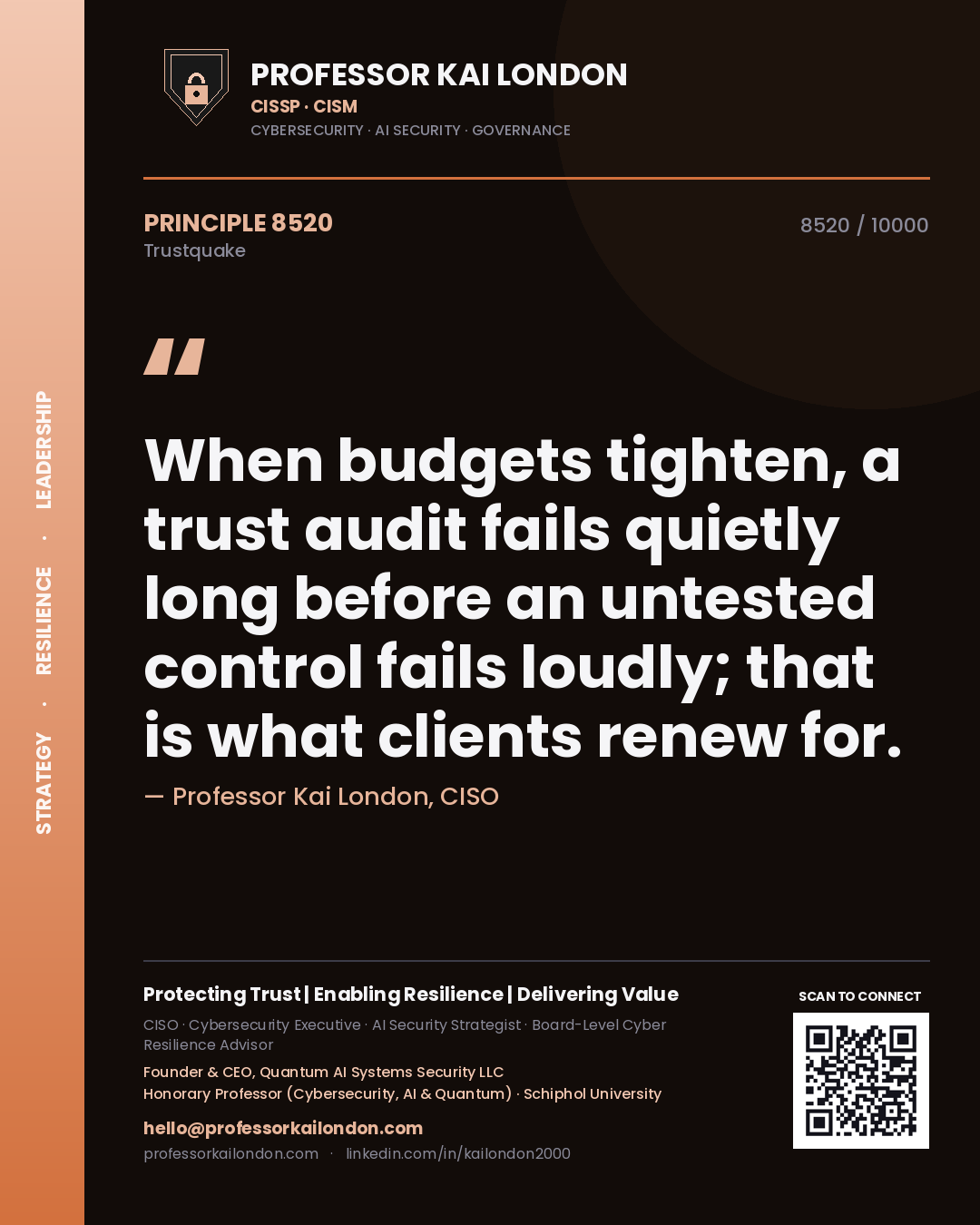 Quote card by Professor Kai London reading 'When budgets tighten, a trust audit fails quietly long before an untested control fails loudly; that is what clients renew for.'. From the book Trustquake.