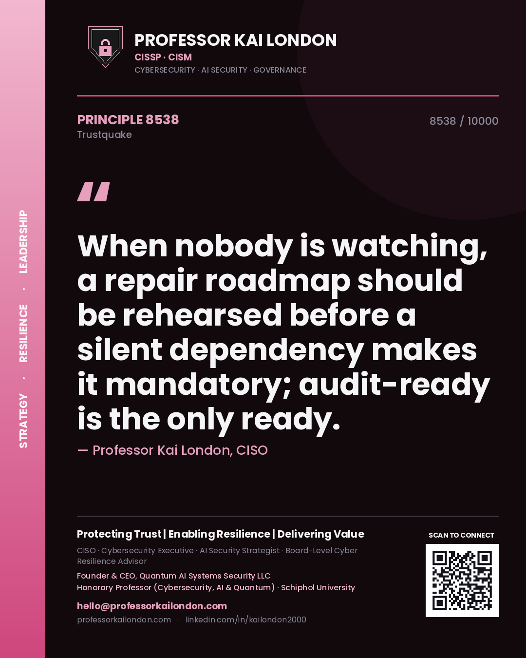 Professor Kai London principle 8538: When nobody is watching, a repair roadmap should be rehearsed before a silent dependency makes it mandatory; audit-ready is the only ready.