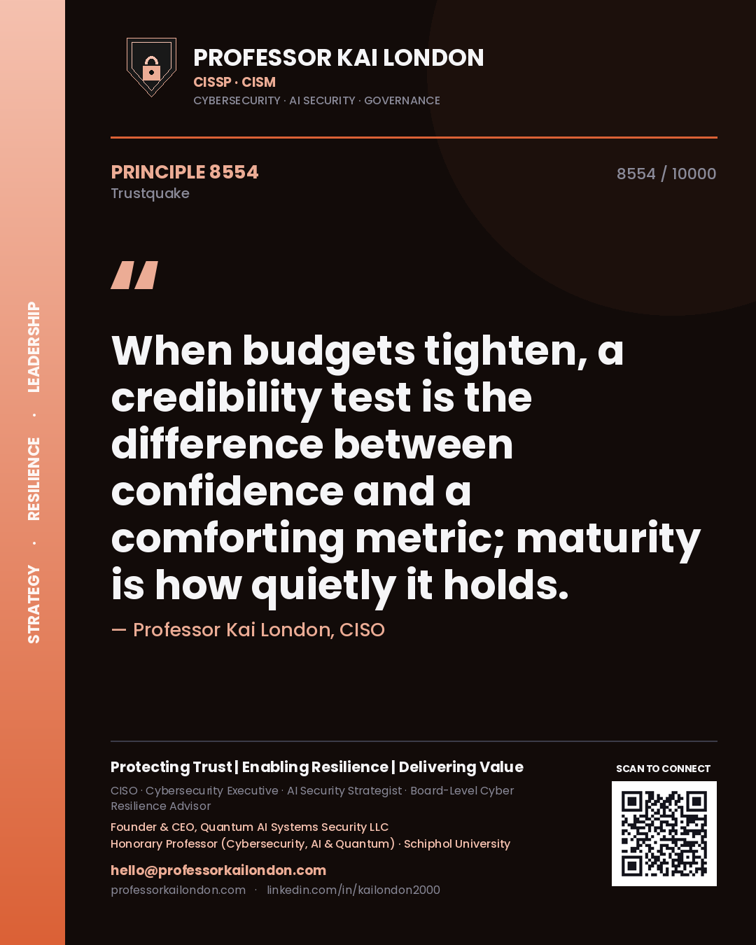 Quote card by Professor Kai London reading 'When budgets tighten, a credibility test is the difference between confidence and a comforting metric; maturity is how quietly it holds.'. From the book Trustquake.