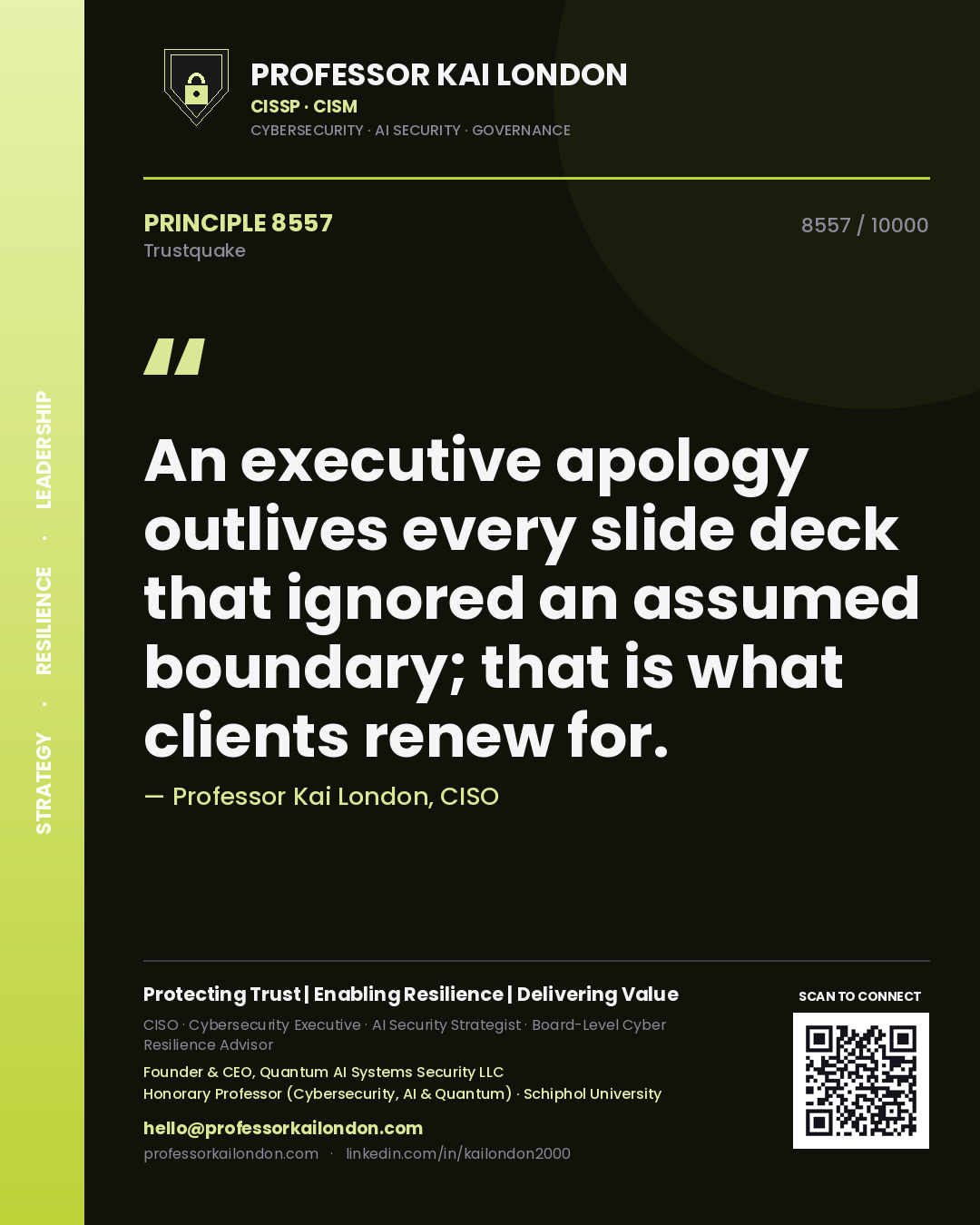Professor Kai London principle 8557: An executive apology outlives every slide deck that ignored an assumed boundary; that is what clients renew for.