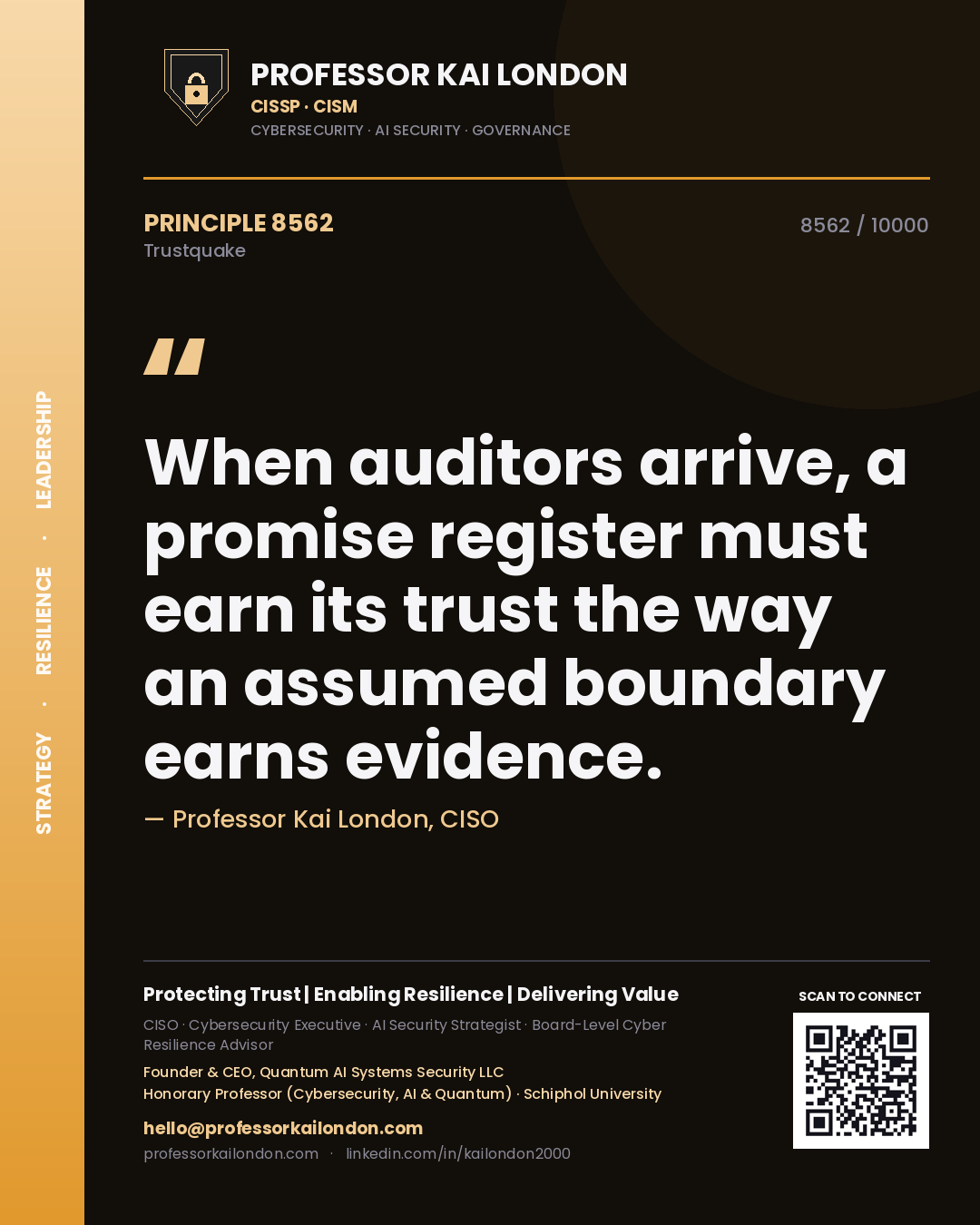 Quote card by Professor Kai London reading 'When auditors arrive, a promise register must earn its trust the way an assumed boundary earns evidence.'. From the book Trustquake.