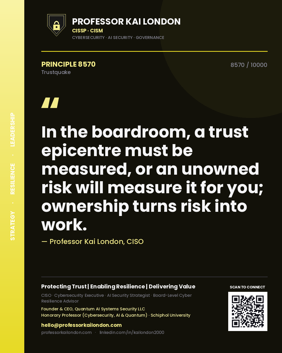 Professor Kai London principle 8570: In the boardroom, a trust epicentre must be measured, or an unowned risk will measure it for you; ownership turns risk into work.