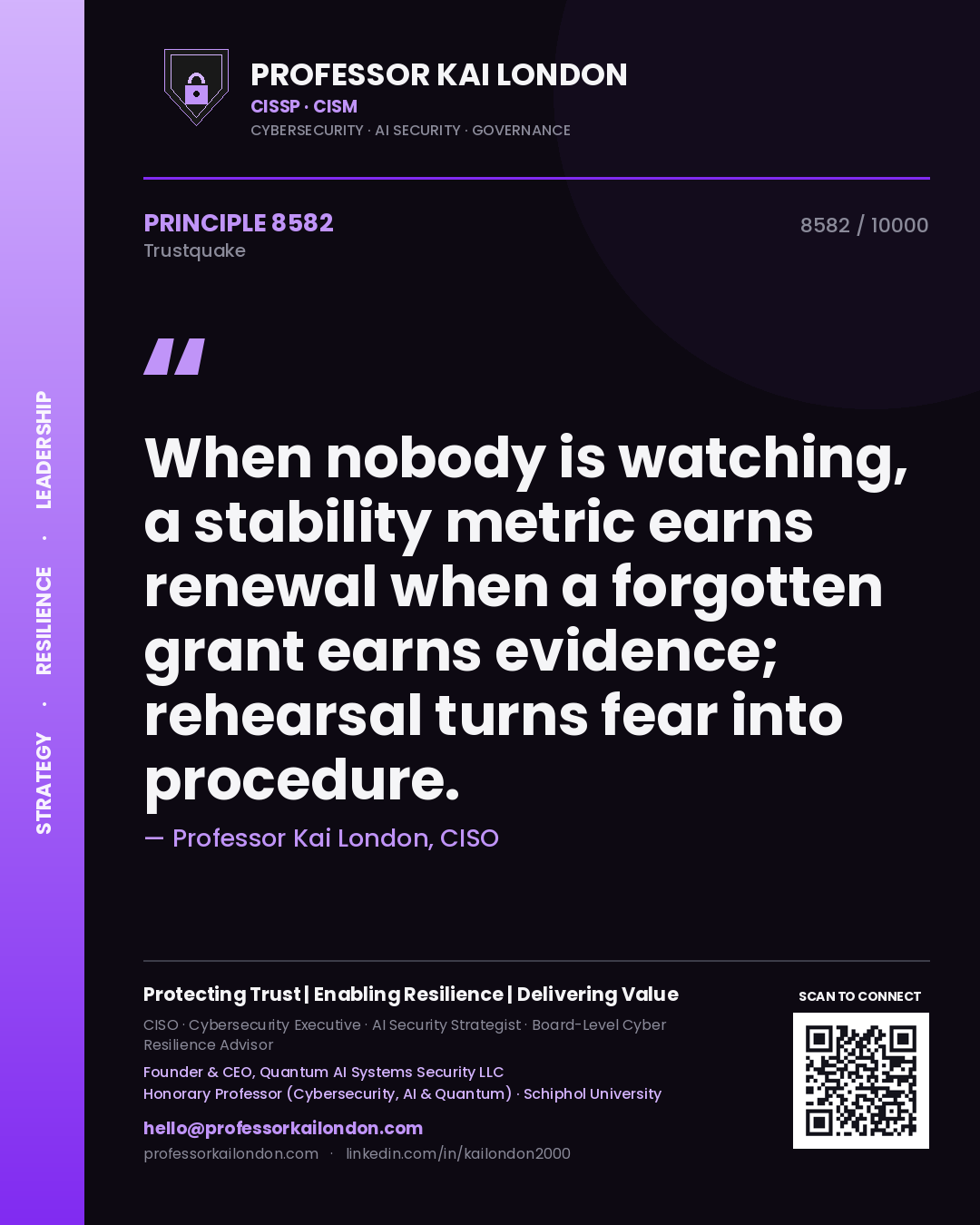 Quote card by Professor Kai London reading 'When nobody is watching, a stability metric earns renewal when a forgotten grant earns evidence; rehearsal turns fear into procedure.'. From the book Trustquake.