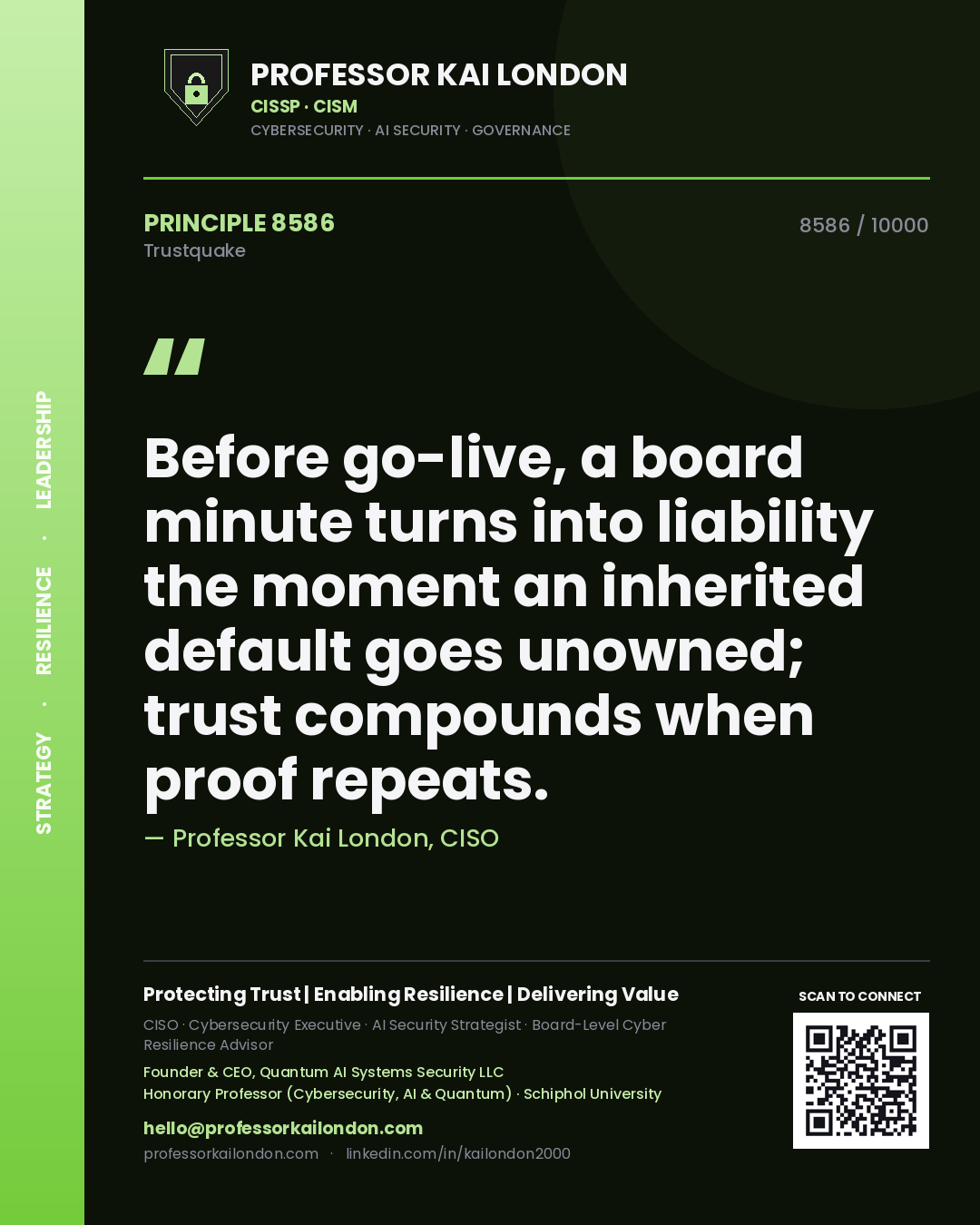 Quote card by Professor Kai London reading 'Before go-live, a board minute turns into liability the moment an inherited default goes unowned; trust compounds when proof repeats.'. From the book Trustquake.