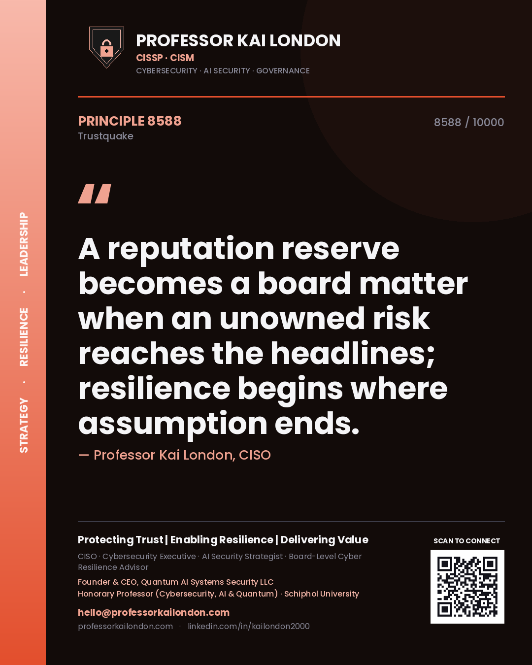 Quote card by Professor Kai London reading 'A reputation reserve becomes a board matter when an unowned risk reaches the headlines; resilience begins where assumption ends.'. From the book Trustquake.