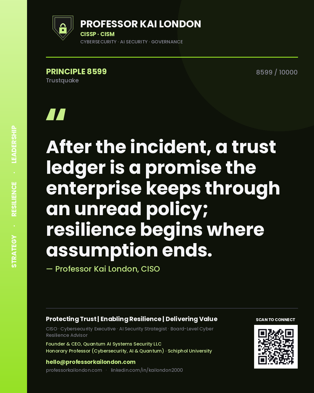Quote card by Professor Kai London reading 'After the incident, a trust ledger is a promise the enterprise keeps through an unread policy; resilience begins where assumption ends.'. From the book Trustquake.