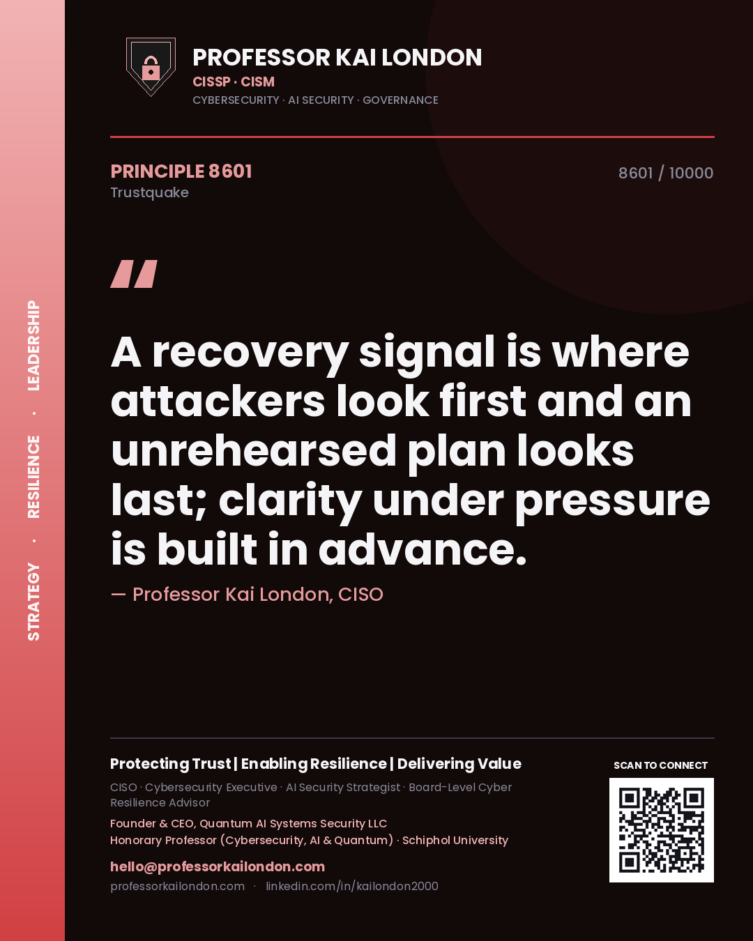 Quote card by Professor Kai London reading 'A recovery signal is where attackers look first and an unrehearsed plan looks last; clarity under pressure is built in advance.'. From the book Trustquake.