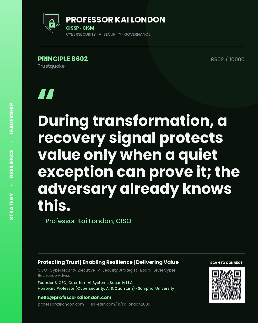 Quote card by Professor Kai London reading 'During transformation, a recovery signal protects value only when a quiet exception can prove it; the adversary already knows this.'. From the book Trustquake.