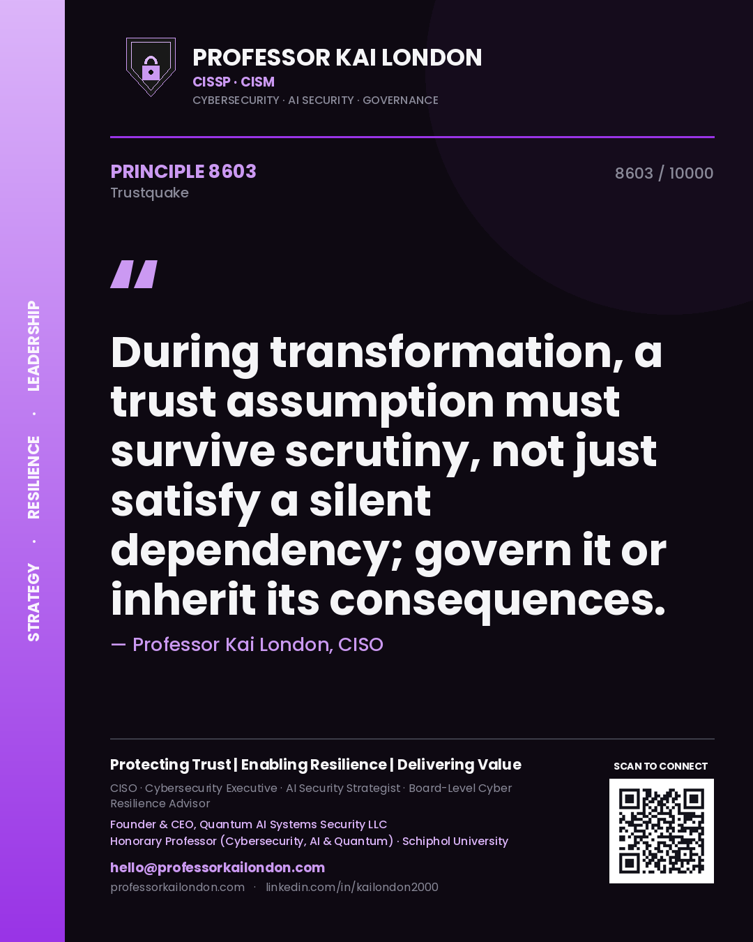 Professor Kai London principle 8603: During transformation, a trust assumption must survive scrutiny, not just satisfy a silent dependency; govern it or inherit its consequences.