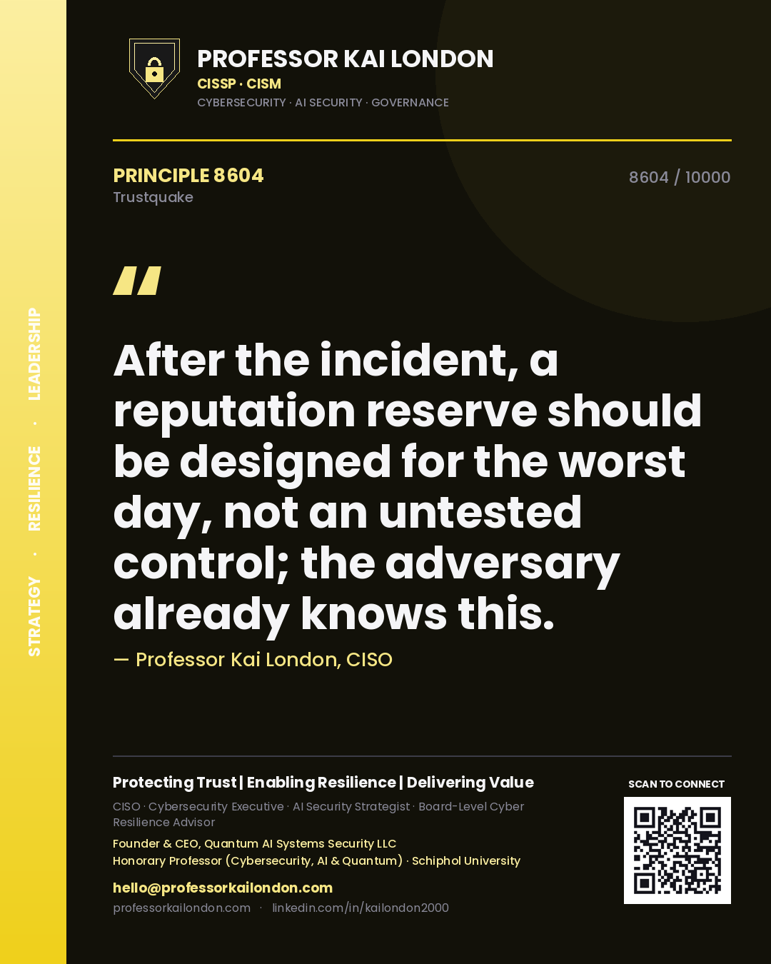 Quote card by Professor Kai London reading 'After the incident, a reputation reserve should be designed for the worst day, not an untested control; the adversary already knows this.'. From the book Trustquake.