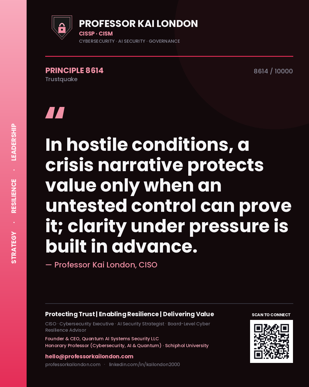 Quote card by Professor Kai London reading 'In hostile conditions, a crisis narrative protects value only when an untested control can prove it; clarity under pressure is built in advance.'. From the book Trustquake.