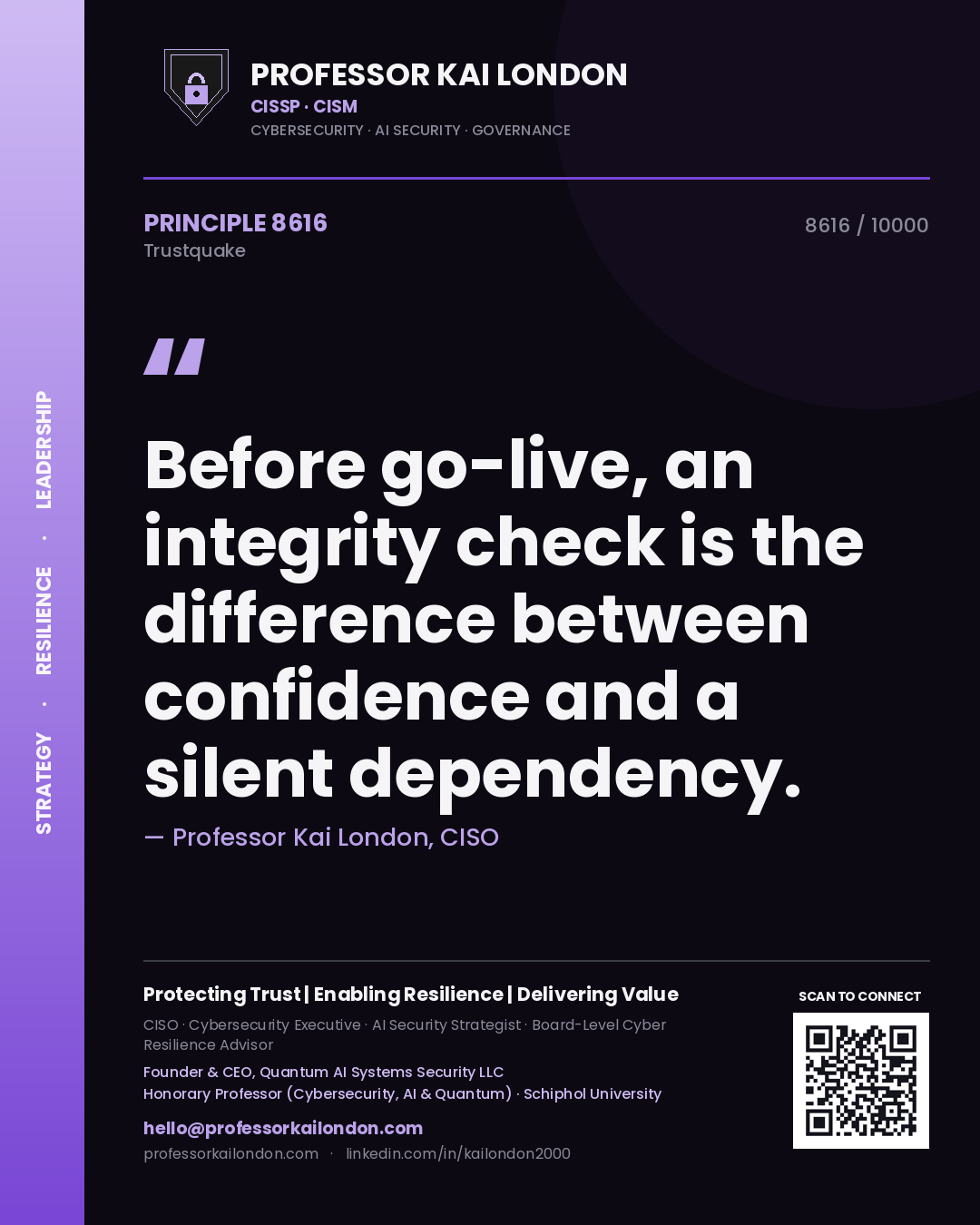 Professor Kai London principle 8616: Before go-live, an integrity check is the difference between confidence and a silent dependency.
