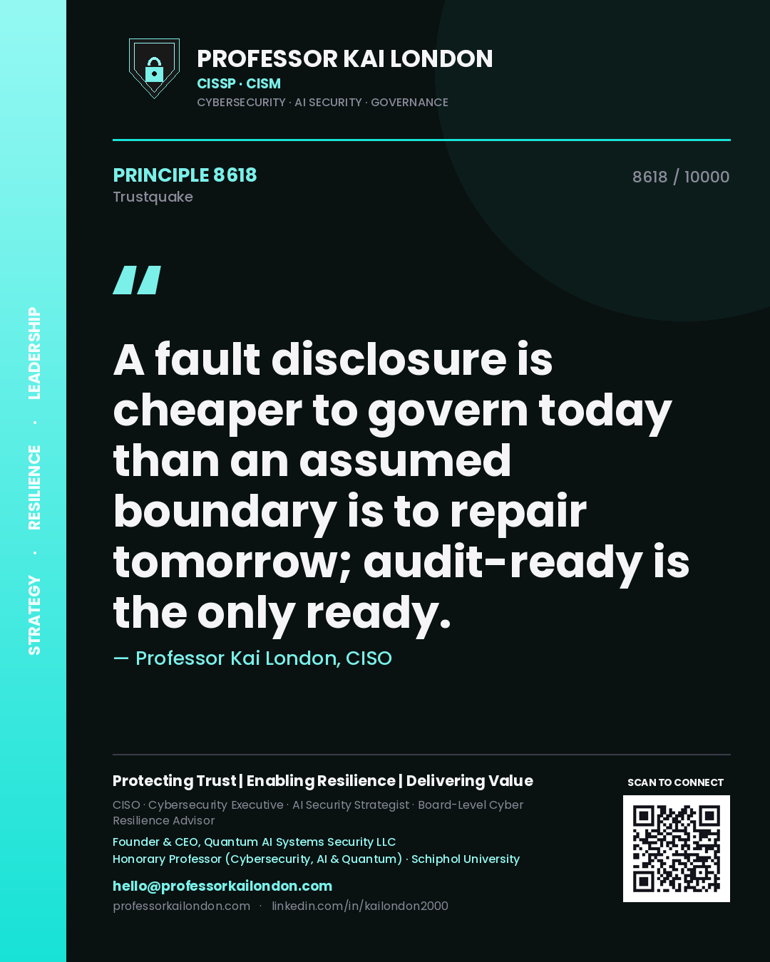 Quote card by Professor Kai London reading 'A fault disclosure is cheaper to govern today than an assumed boundary is to repair tomorrow; audit-ready is the only ready.'. From the book Trustquake.