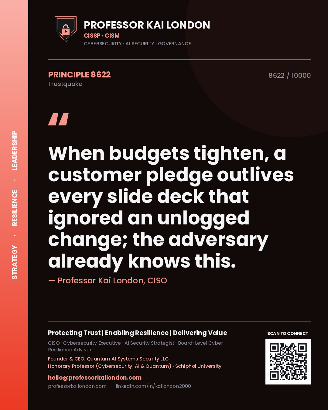 Quote card by Professor Kai London reading 'When budgets tighten, a customer pledge outlives every slide deck that ignored an unlogged change; the adversary already knows this.'. From the book Trustquake.