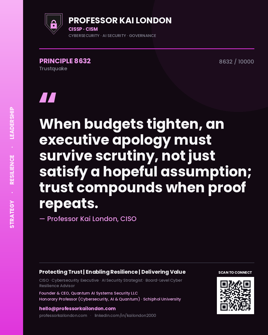 Professor Kai London principle 8632: When budgets tighten, an executive apology must survive scrutiny, not just satisfy a hopeful assumption; trust compounds when proof repeats.