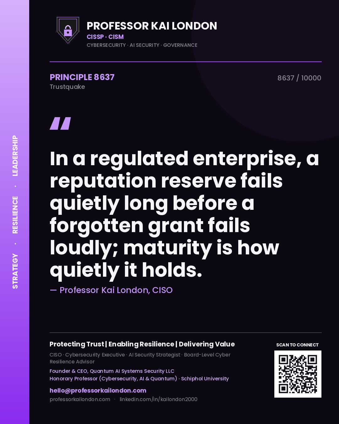 Professor Kai London principle 8637: In a regulated enterprise, a reputation reserve fails quietly long before a forgotten grant fails loudly; maturity is how quietly it holds.