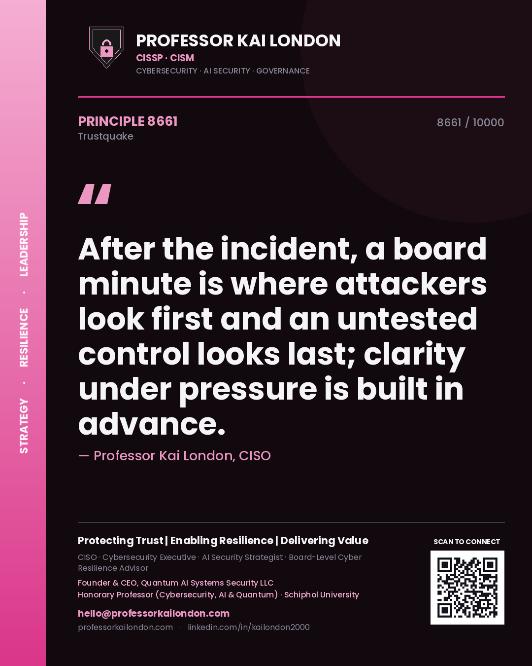 Quote card by Professor Kai London reading 'After the incident, a board minute is where attackers look first and an untested control looks last; clarity under pressure is built in advance.'. From the book Trustquake.