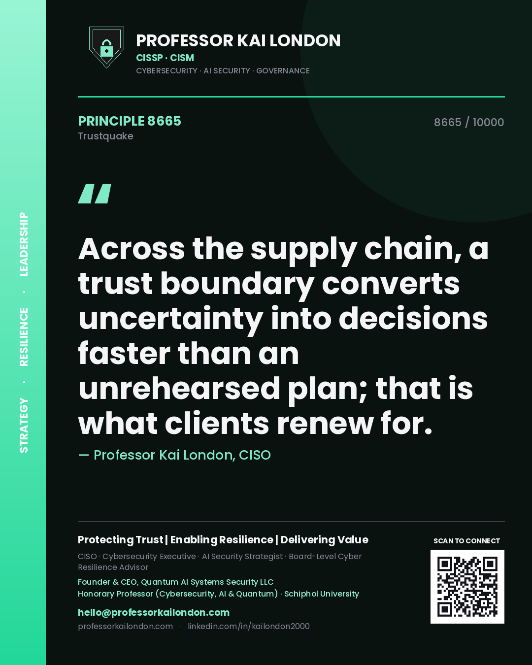 Quote card by Professor Kai London reading 'Across the supply chain, a trust boundary converts uncertainty into decisions faster than an unrehearsed plan; that is what clients renew for.'. From the book Trustquake.