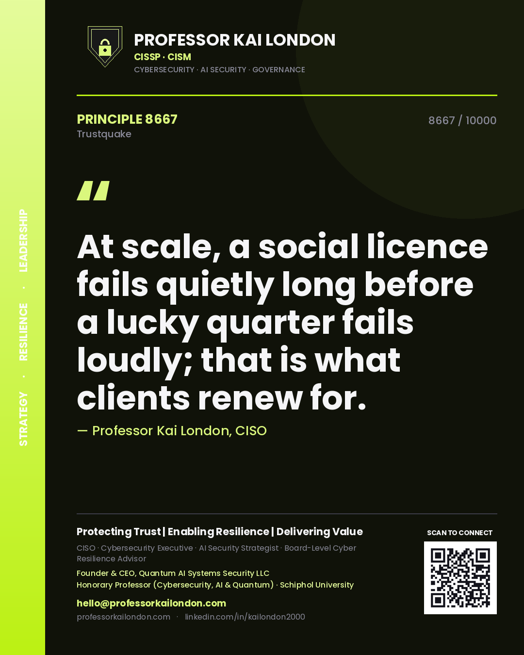 Professor Kai London principle 8667: At scale, a social licence fails quietly long before a lucky quarter fails loudly; that is what clients renew for.