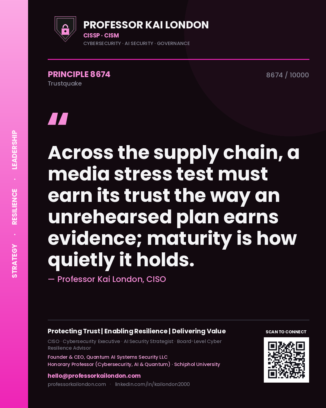 Quote card by Professor Kai London reading 'Across the supply chain, a media stress test must earn its trust the way an unrehearsed plan earns evidence; maturity is how quietly it holds.'. From the book Trustquake.