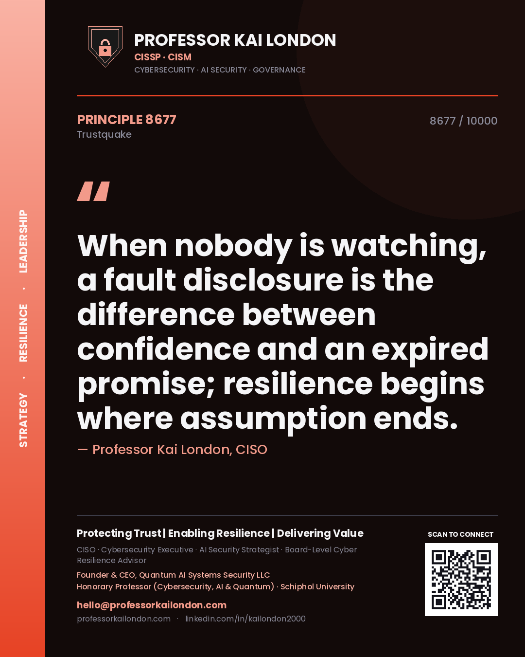 Quote card by Professor Kai London reading 'When nobody is watching, a fault disclosure is the difference between confidence and an expired promise; resilience begins where assumption ends.'. From the book Trustquake.