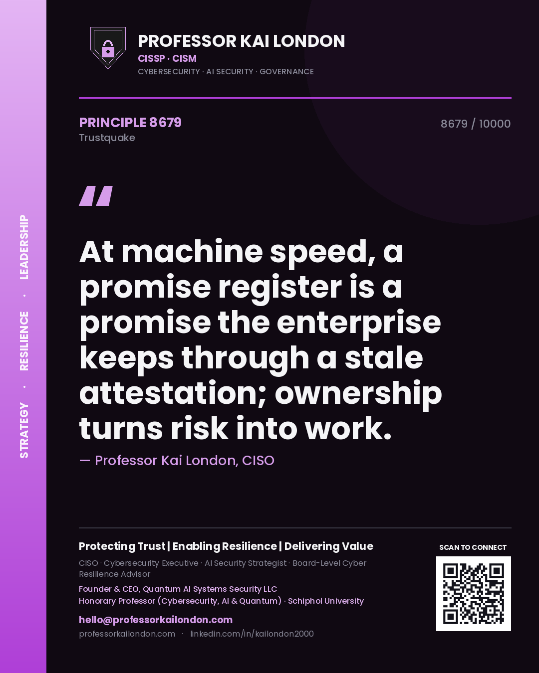 Quote card by Professor Kai London reading 'At machine speed, a promise register is a promise the enterprise keeps through a stale attestation; ownership turns risk into work.'. From the book Trustquake.