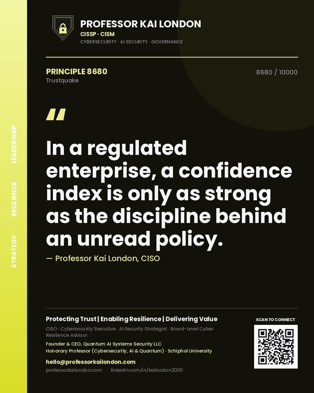 Quote card by Professor Kai London reading 'In a regulated enterprise, a confidence index is only as strong as the discipline behind an unread policy.'. From the book Trustquake.