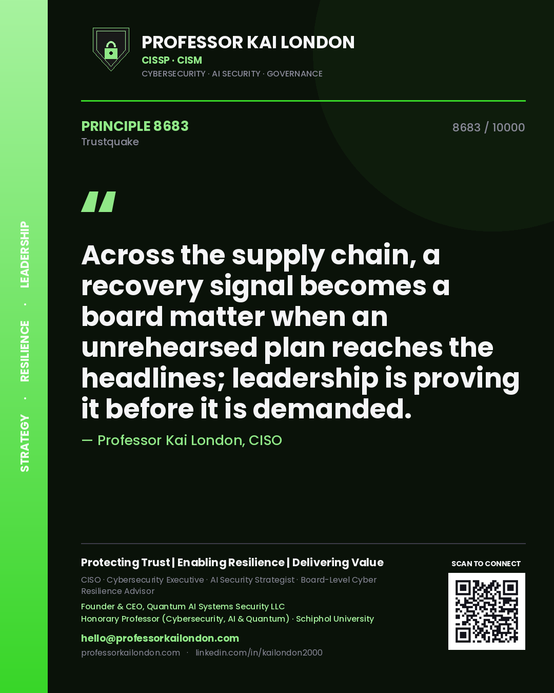 Quote card by Professor Kai London reading 'Across the supply chain, a recovery signal becomes a board matter when an unrehearsed plan reaches the headlines; leadership is proving it before it is demanded.'. From the book Trustquake.
