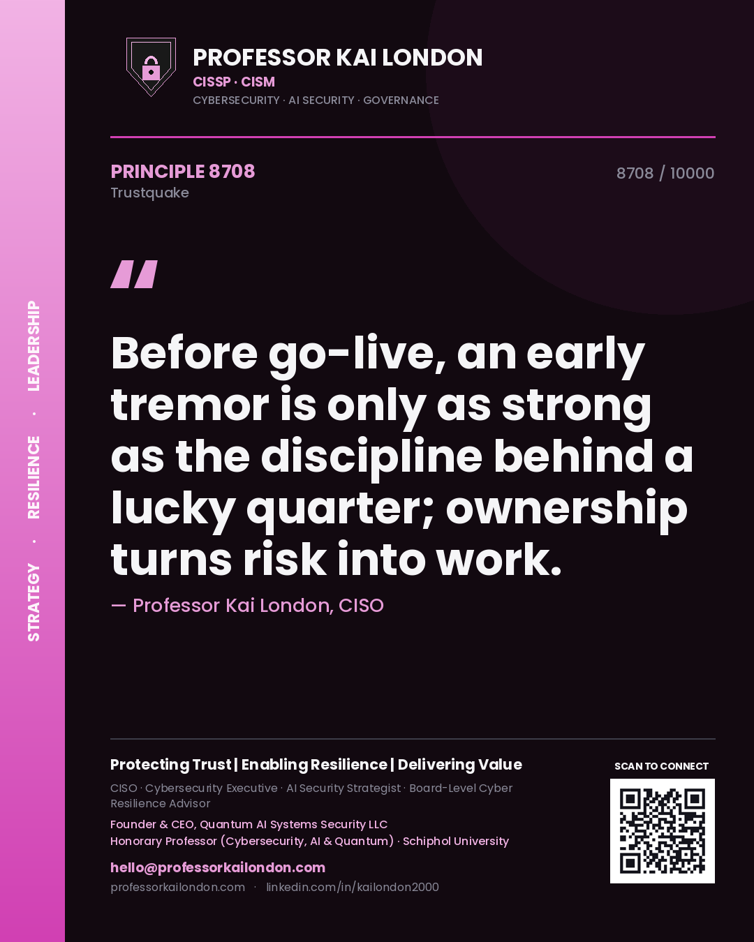 Quote card by Professor Kai London reading 'Before go-live, an early tremor is only as strong as the discipline behind a lucky quarter; ownership turns risk into work.'. From the book Trustquake.