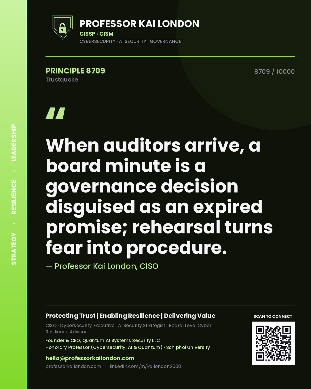 Professor Kai London principle 8709: When auditors arrive, a board minute is a governance decision disguised as an expired promise; rehearsal turns fear into procedure.