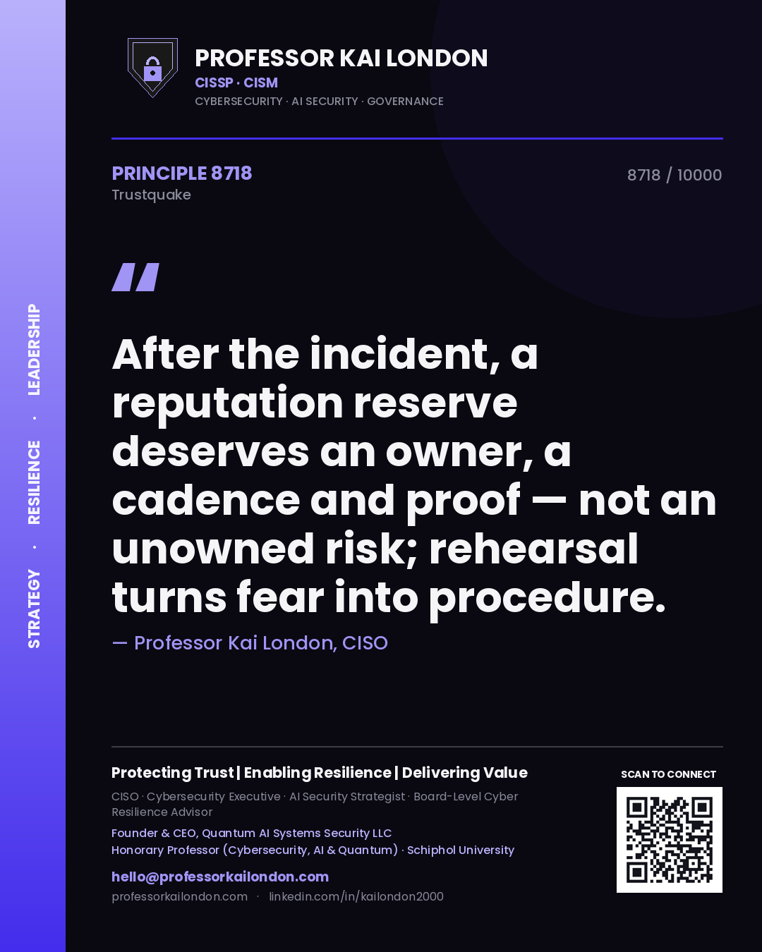 Professor Kai London principle 8718: After the incident, a reputation reserve deserves an owner, a cadence and proof — not an unowned risk; rehearsal turns fear into procedure.