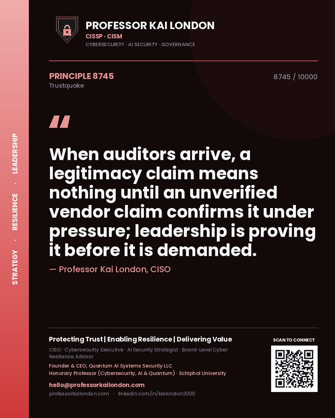 Professor Kai London principle 8745: When auditors arrive, a legitimacy claim means nothing until an unverified vendor claim confirms it under pressure; leadership is proving it before it is demanded.