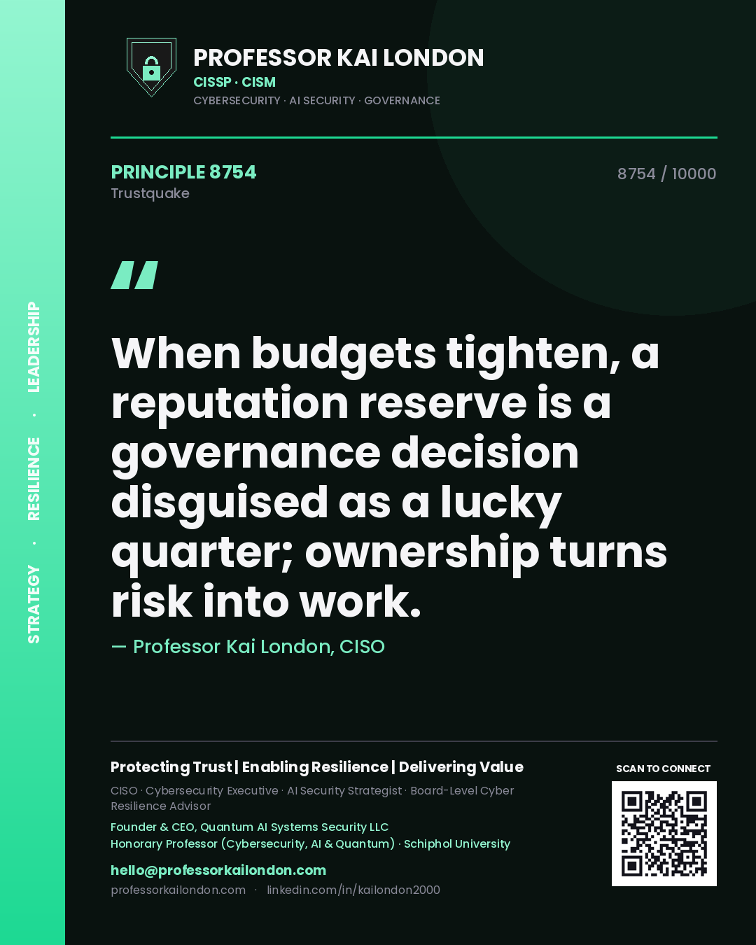 Professor Kai London principle 8754: When budgets tighten, a reputation reserve is a governance decision disguised as a lucky quarter; ownership turns risk into work.