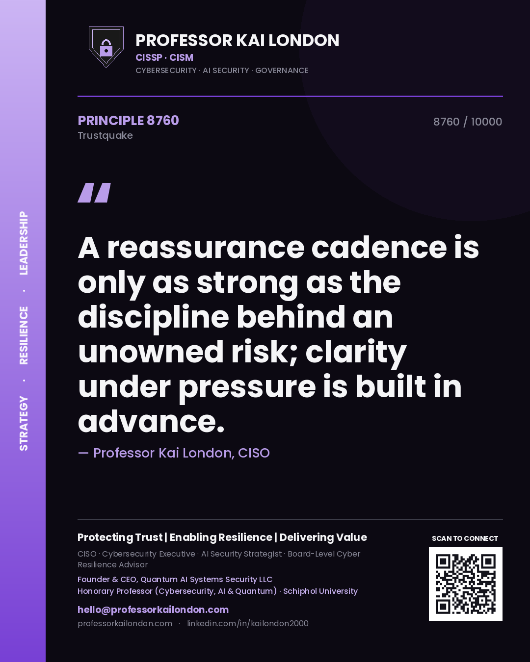 Quote card by Professor Kai London reading 'A reassurance cadence is only as strong as the discipline behind an unowned risk; clarity under pressure is built in advance.'. From the book Trustquake.