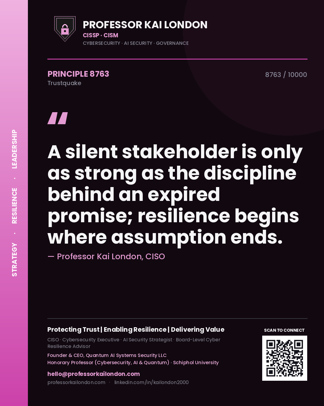 Professor Kai London principle 8763: A silent stakeholder is only as strong as the discipline behind an expired promise; resilience begins where assumption ends.