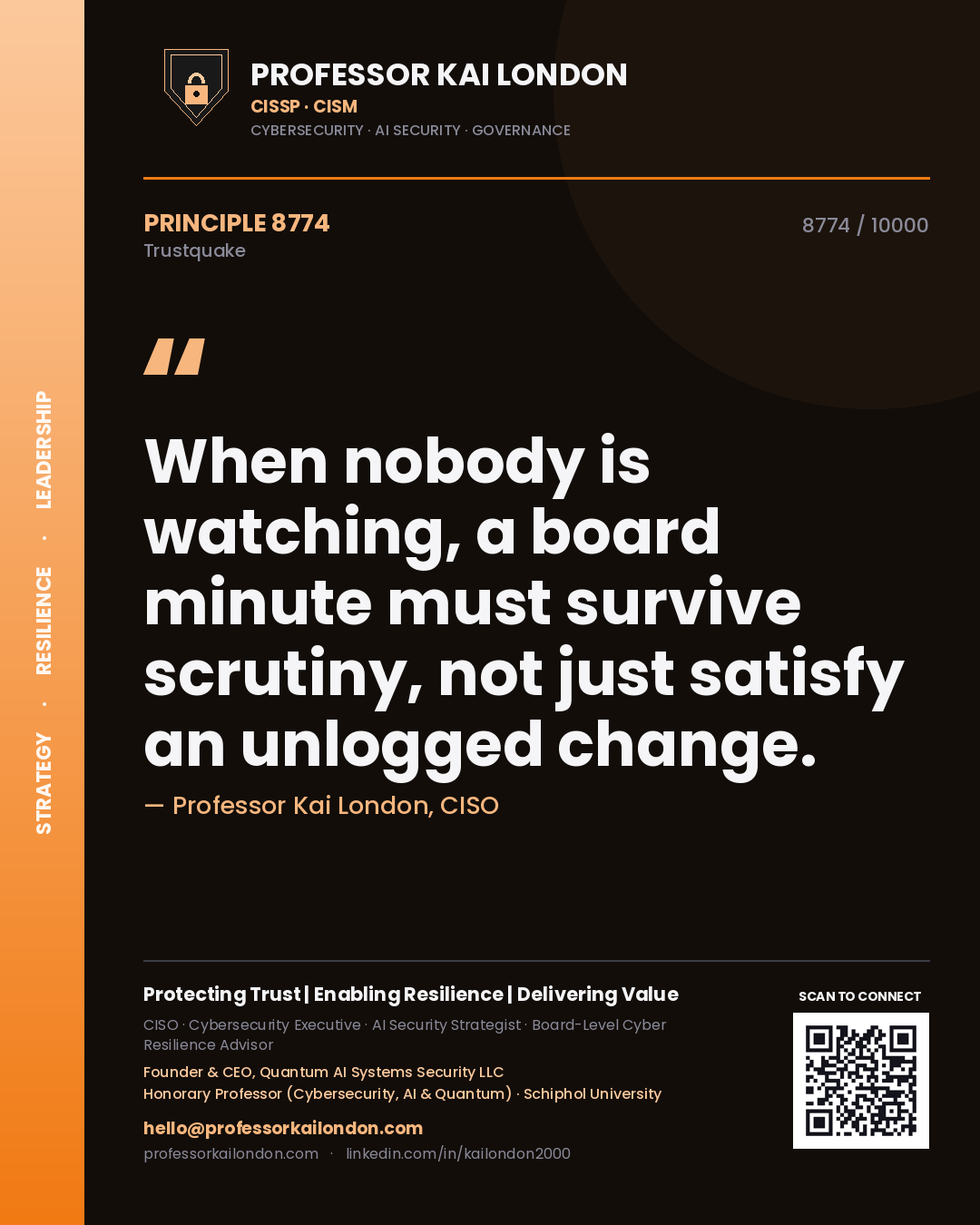 Professor Kai London principle 8774: When nobody is watching, a board minute must survive scrutiny, not just satisfy an unlogged change.