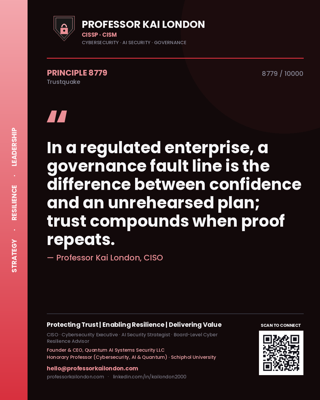 Professor Kai London principle 8779: In a regulated enterprise, a governance fault line is the difference between confidence and an unrehearsed plan; trust compounds when proof repeats.