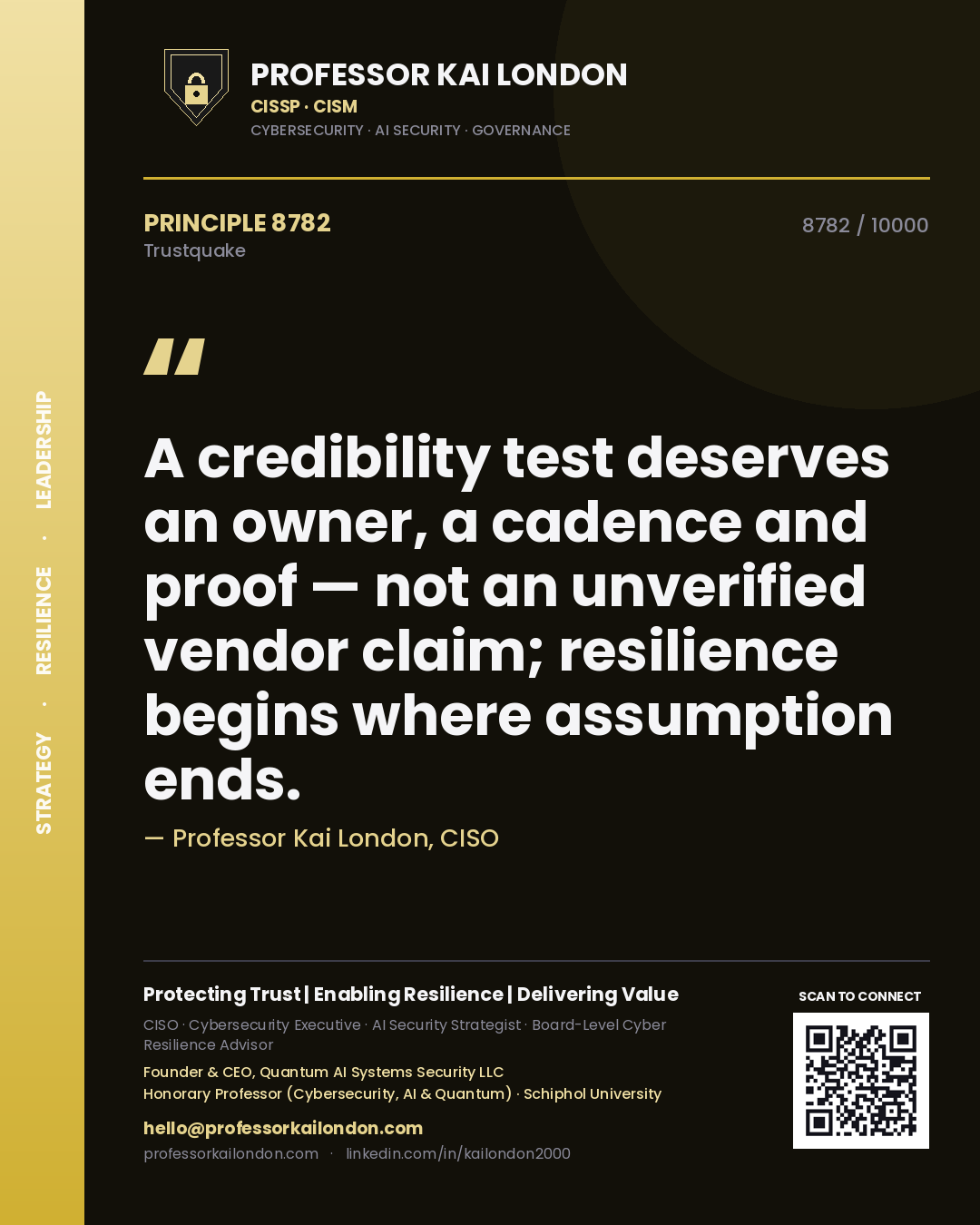 Professor Kai London principle 8782: A credibility test deserves an owner, a cadence and proof — not an unverified vendor claim; resilience begins where assumption ends.