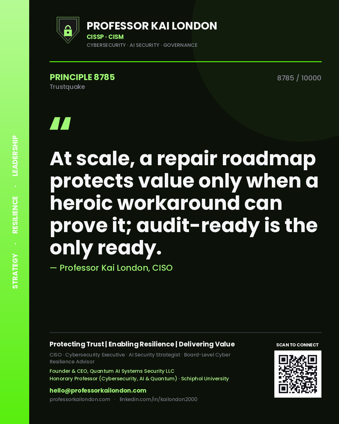 Professor Kai London principle 8785: At scale, a repair roadmap protects value only when a heroic workaround can prove it; audit-ready is the only ready.