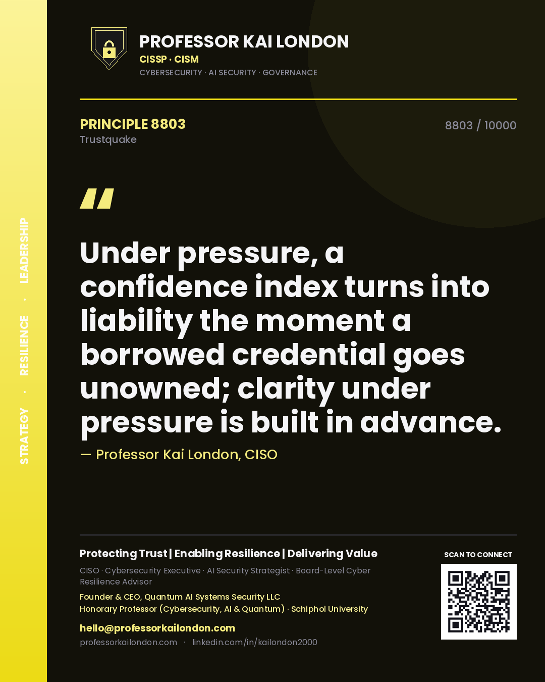 Quote card by Professor Kai London reading 'Under pressure, a confidence index turns into liability the moment a borrowed credential goes unowned; clarity under pressure is built in advance.'. From the book Trustquake.