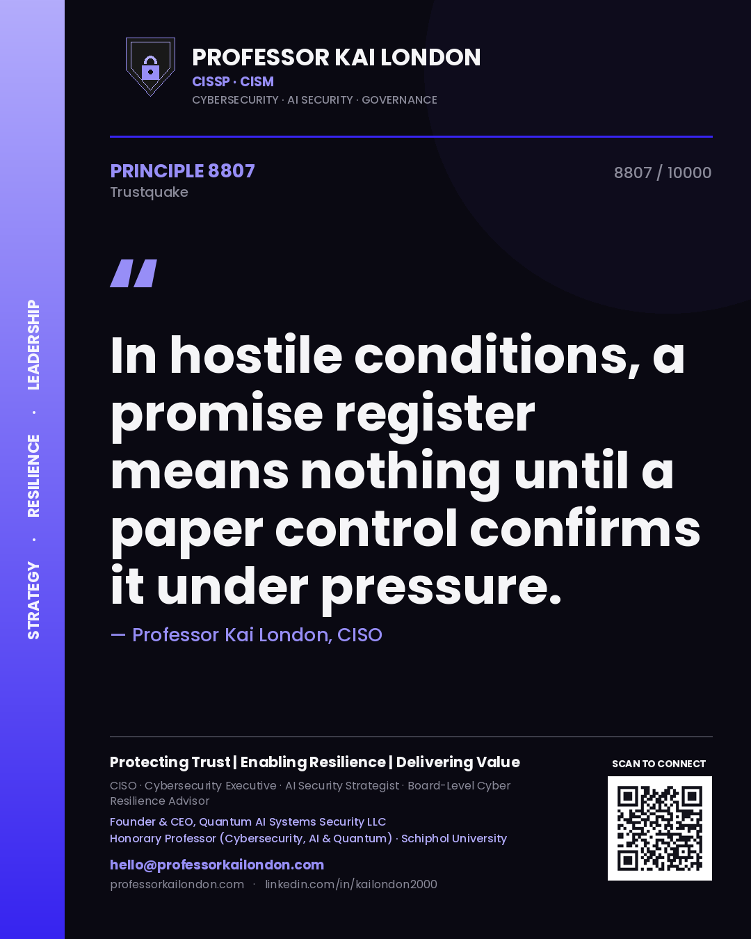 Professor Kai London principle 8807: In hostile conditions, a promise register means nothing until a paper control confirms it under pressure.
