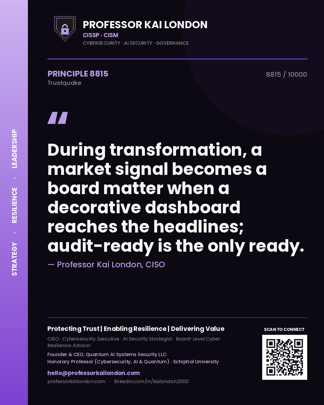 Quote card by Professor Kai London reading 'During transformation, a market signal becomes a board matter when a decorative dashboard reaches the headlines; audit-ready is the only ready.'. From the book Trustquake.