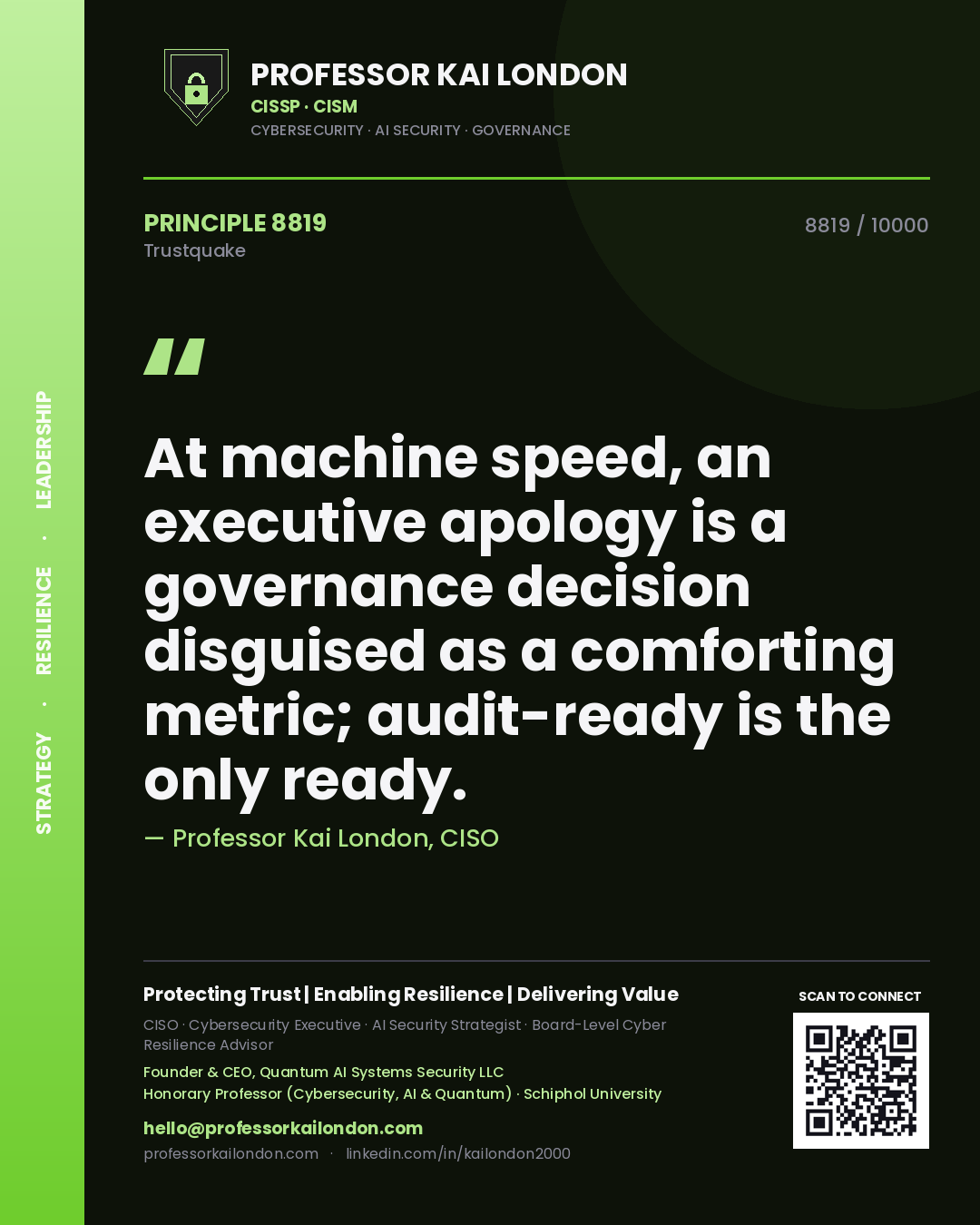 Professor Kai London principle 8819: At machine speed, an executive apology is a governance decision disguised as a comforting metric; audit-ready is the only ready.
